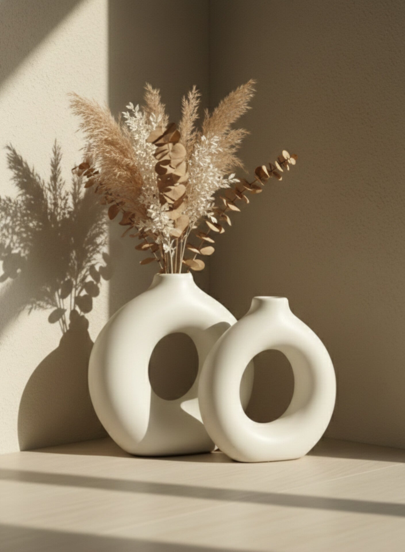 Modern Donut Ceramic Vase Set (Combo of 2) – Minimalist White Decorative Flower Vases for Living Room & Table Decor