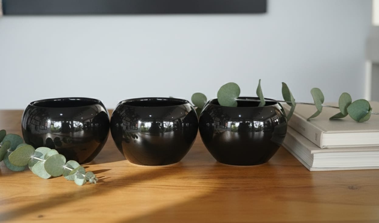Glossy Black Ceramic Planter Pots Set