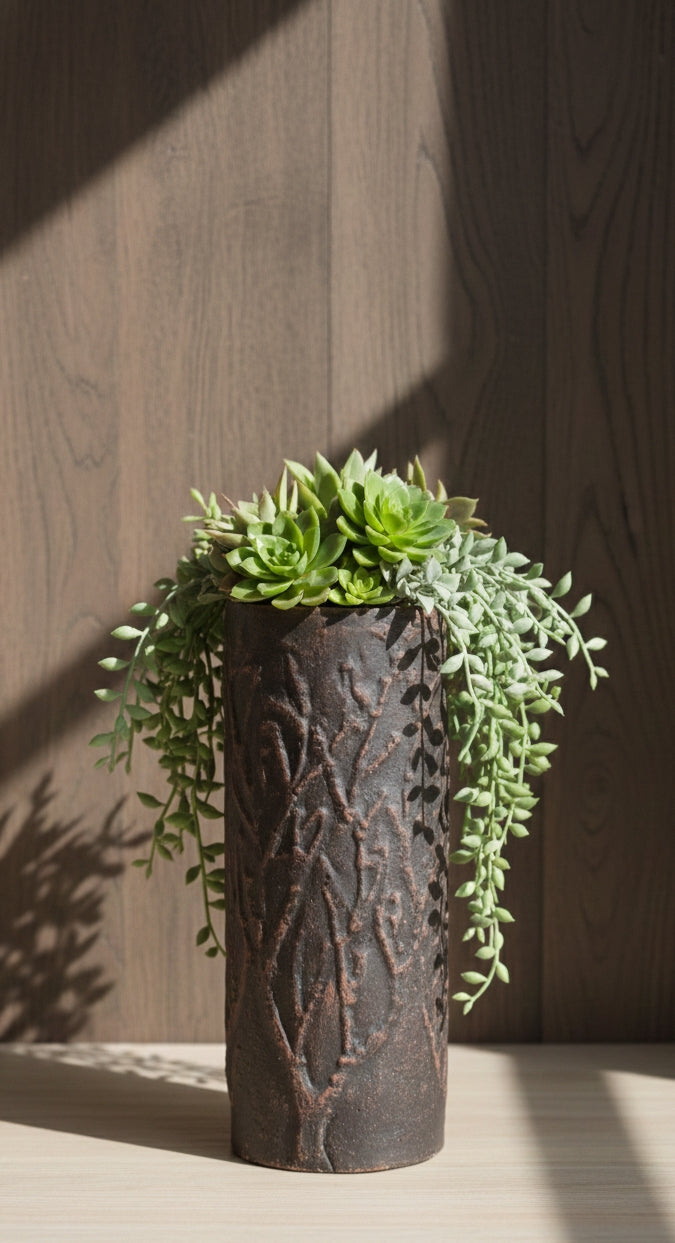 Textured Dark Cement Pot | Modern Decorative Planter for Home Decor