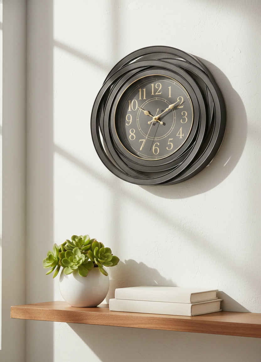 Modern Black Metal Wall Clock with Gold Numbers | Luxury Home & Living Room Decor