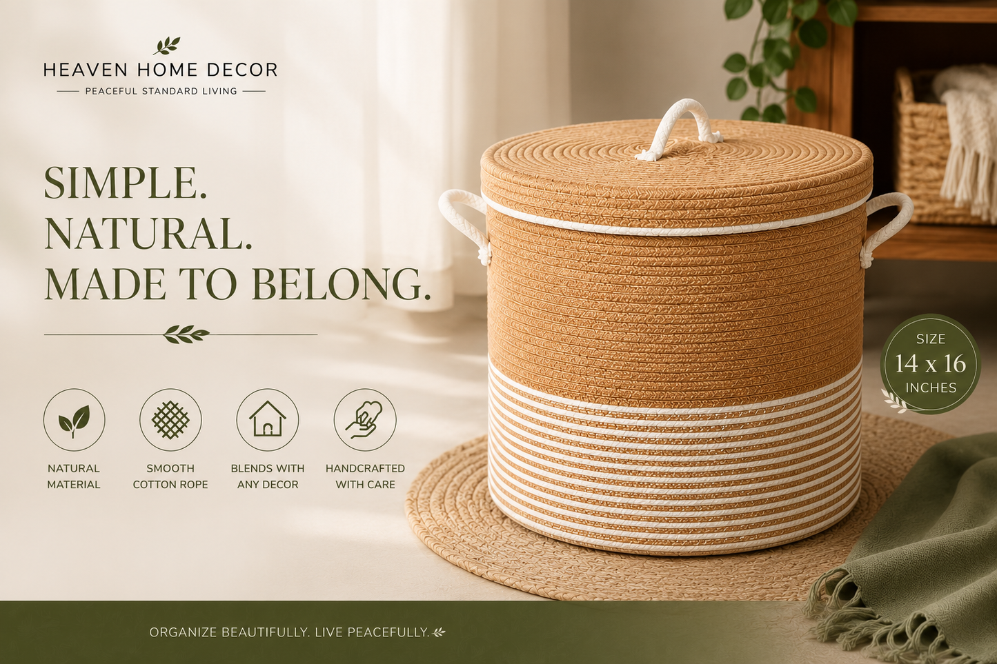 Cotton rope storage basket with lid