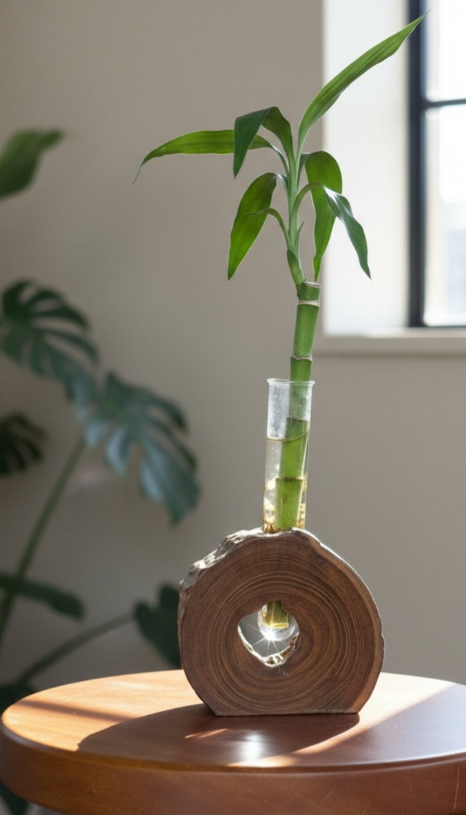 Handcrafted Circular Wooden Planter with Glass Tube | Modern Hydroponic Plant Holder for Home & Office Décor