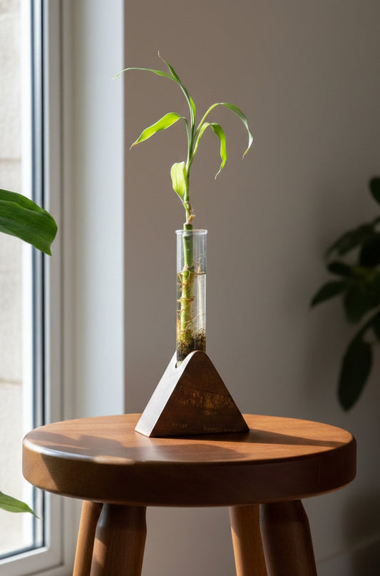Minimalist Triangular Wooden Planter with Glass Tube | Modern Hydroponic Plant Holder for Home & Office Décor