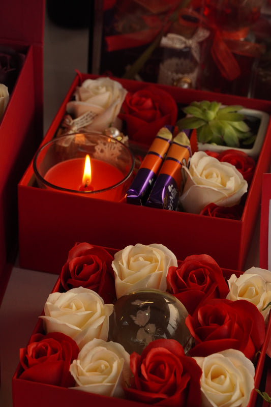 Luxury VALENTINE Gift Combo Set |Two Gift Box Scented Candle, Succulent Plant, Chocolates & Crystal Lamp