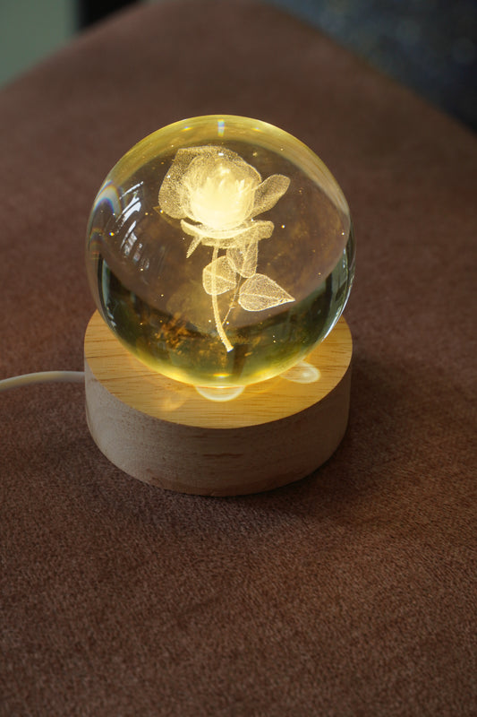 3D Crystal Rose LED Lamp with Wooden Base | Romantic Gift & Home Decor Light