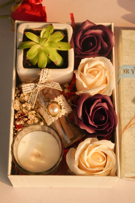 Wish Bottle Succulent Gift Box with Scented Candle & Artificial Roses | Perfect Gifting Combo