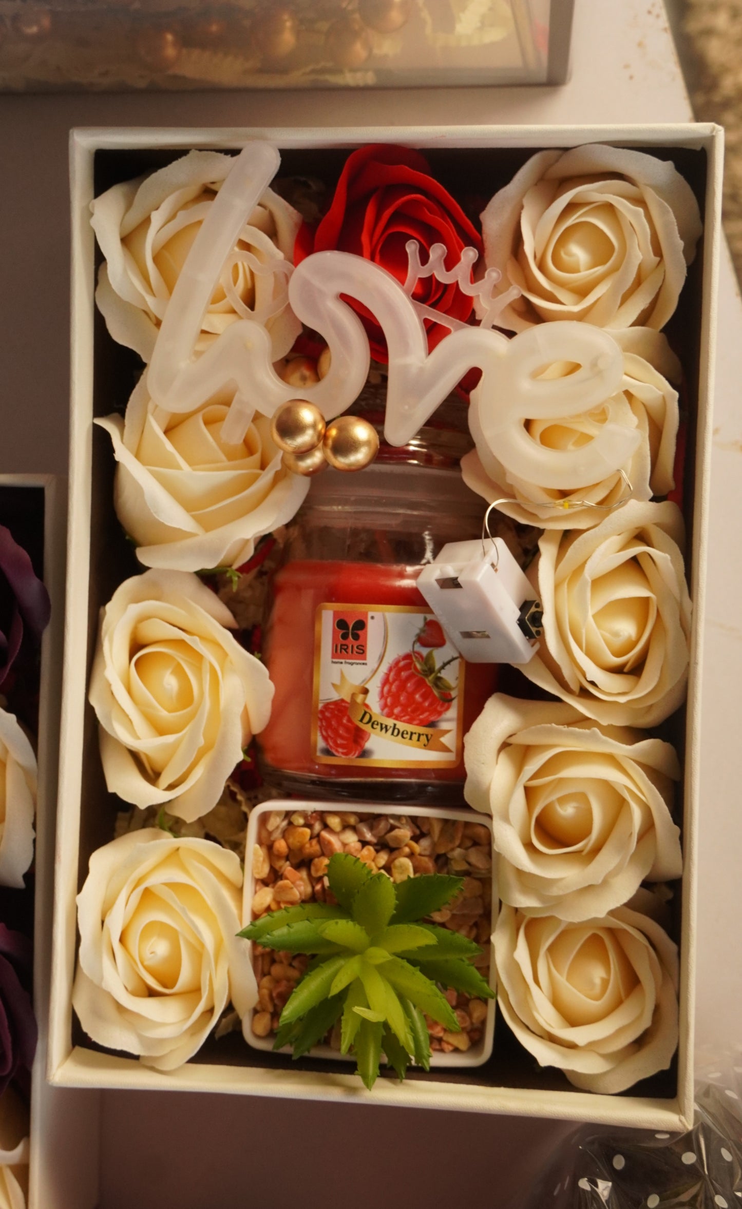 Love Light Gift Box with Scented Candle, Artificial Plant & Artificial Roses | Romantic Home Décor Gift