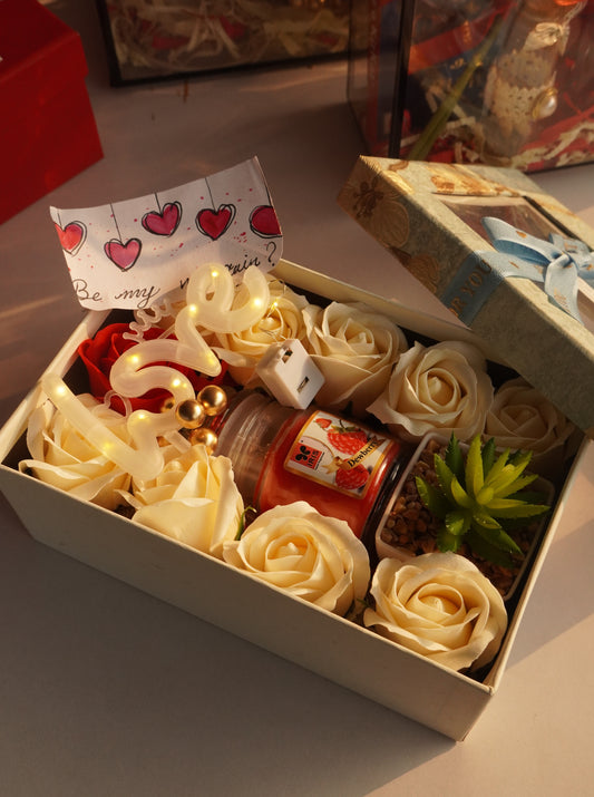 Love Light Gift Box with Scented Candle, Artificial Plant & Artificial Roses | Romantic Home Décor Gift