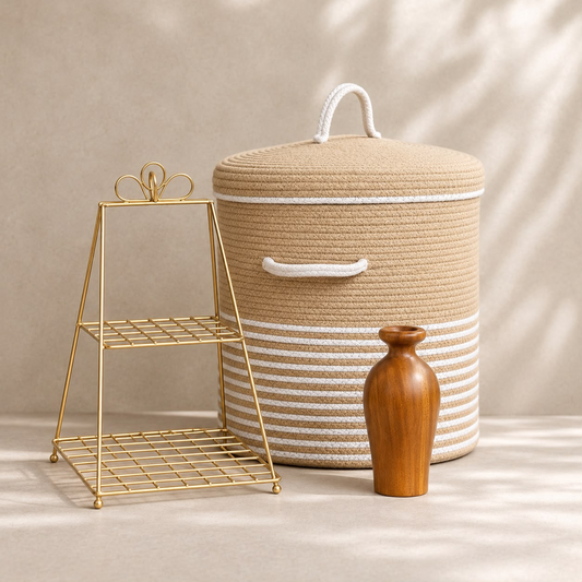 Home Décor Combo – Cotton Rope Basket, Gold Metal Stand & Wooden Vase