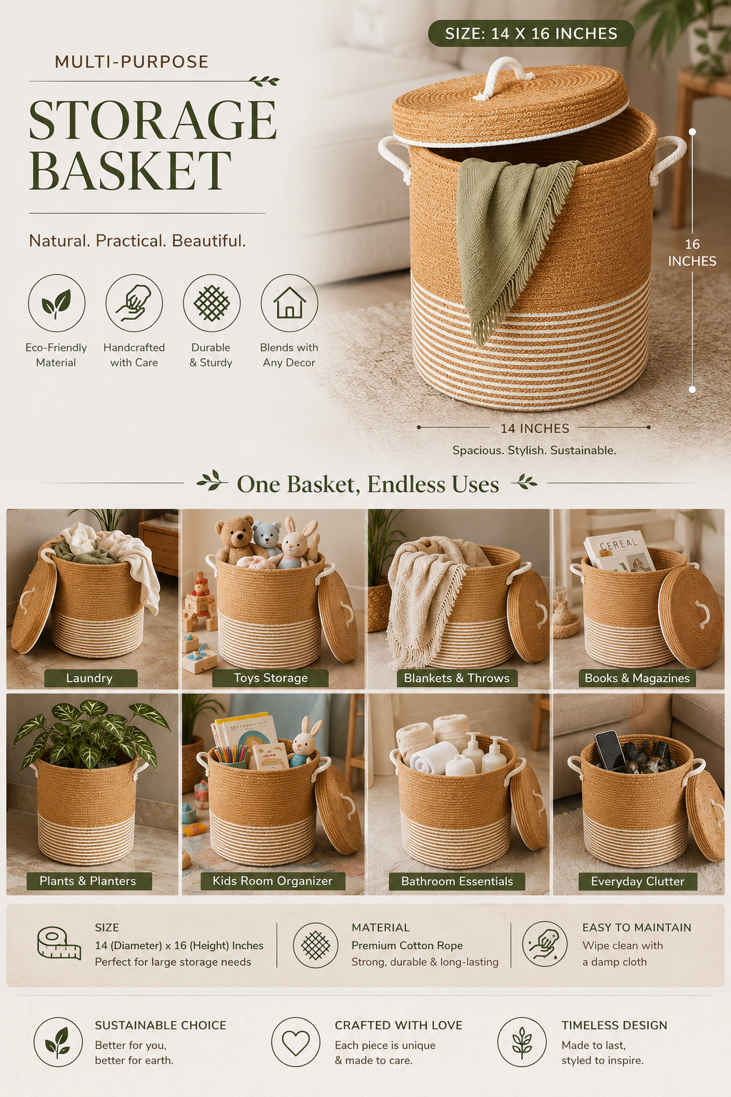 Cotton rope storage basket with lid