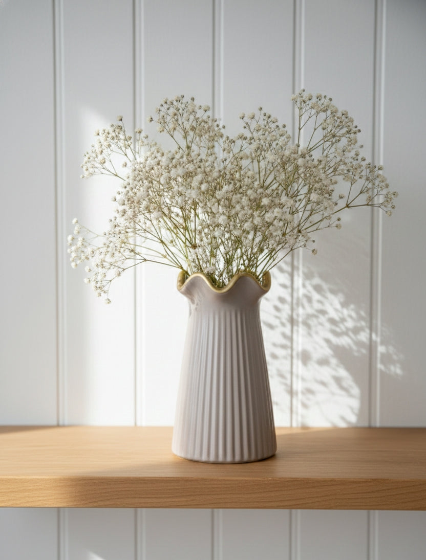 Luxury Gray Ribbed Ceramic Vase with Gold Trim