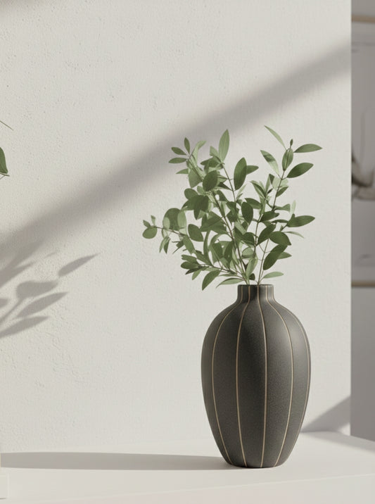 Modern Matte Black Ceramic Vase with Minimal Gold Lines