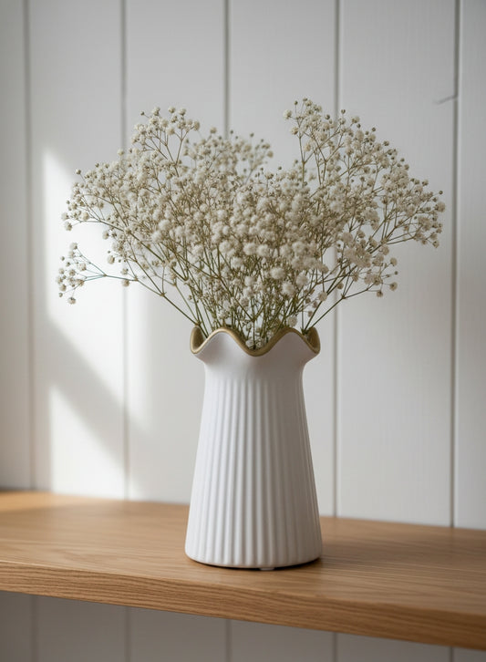 Elegant White Ceramic Flower Vase with Gold Rim