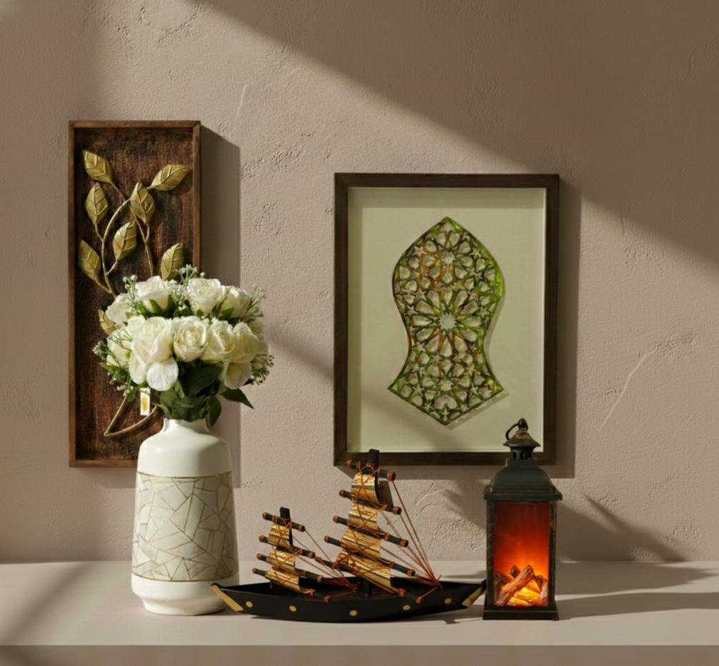 Luxury Islamic Home Décor Set with Wall Art, Metal Leaf Art, Ceramic Vase, Decorative Lantern & Showpiece