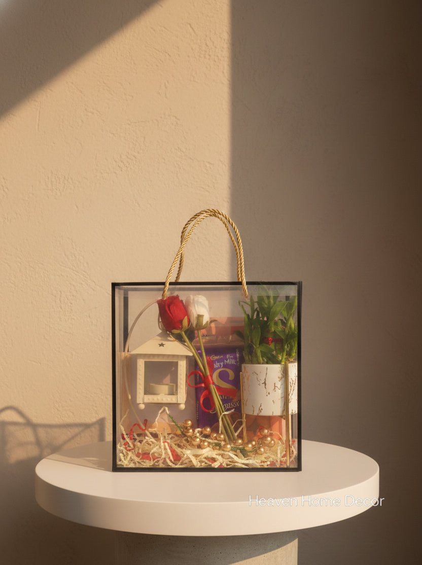 Valentine Gift Box with Chocolate, Mini Lantern Candle & Artificial Roses | Home Decor Gift Hamper
