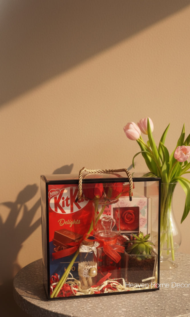 Valentine Gift Box with Live Succulent, Wish Bottle & Chocolate | Romantic Home Decor Gift Hamper