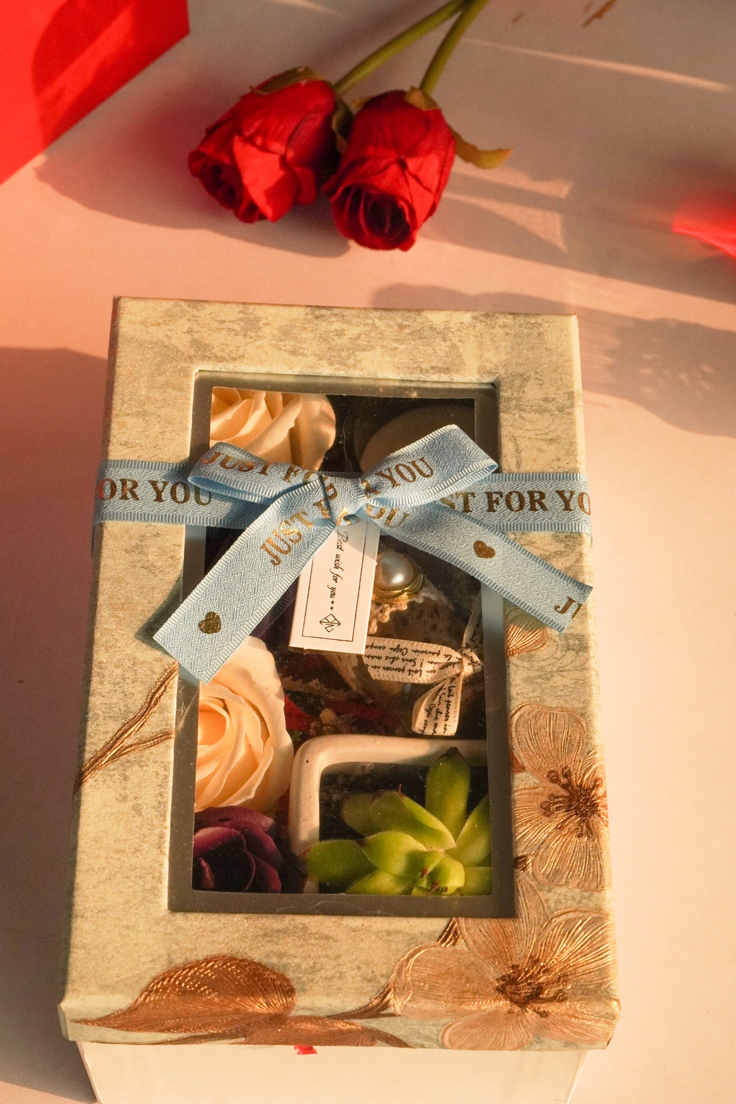 Wish Bottle Succulent Gift Box with Scented Candle & Artificial Roses | Perfect Gifting Combo