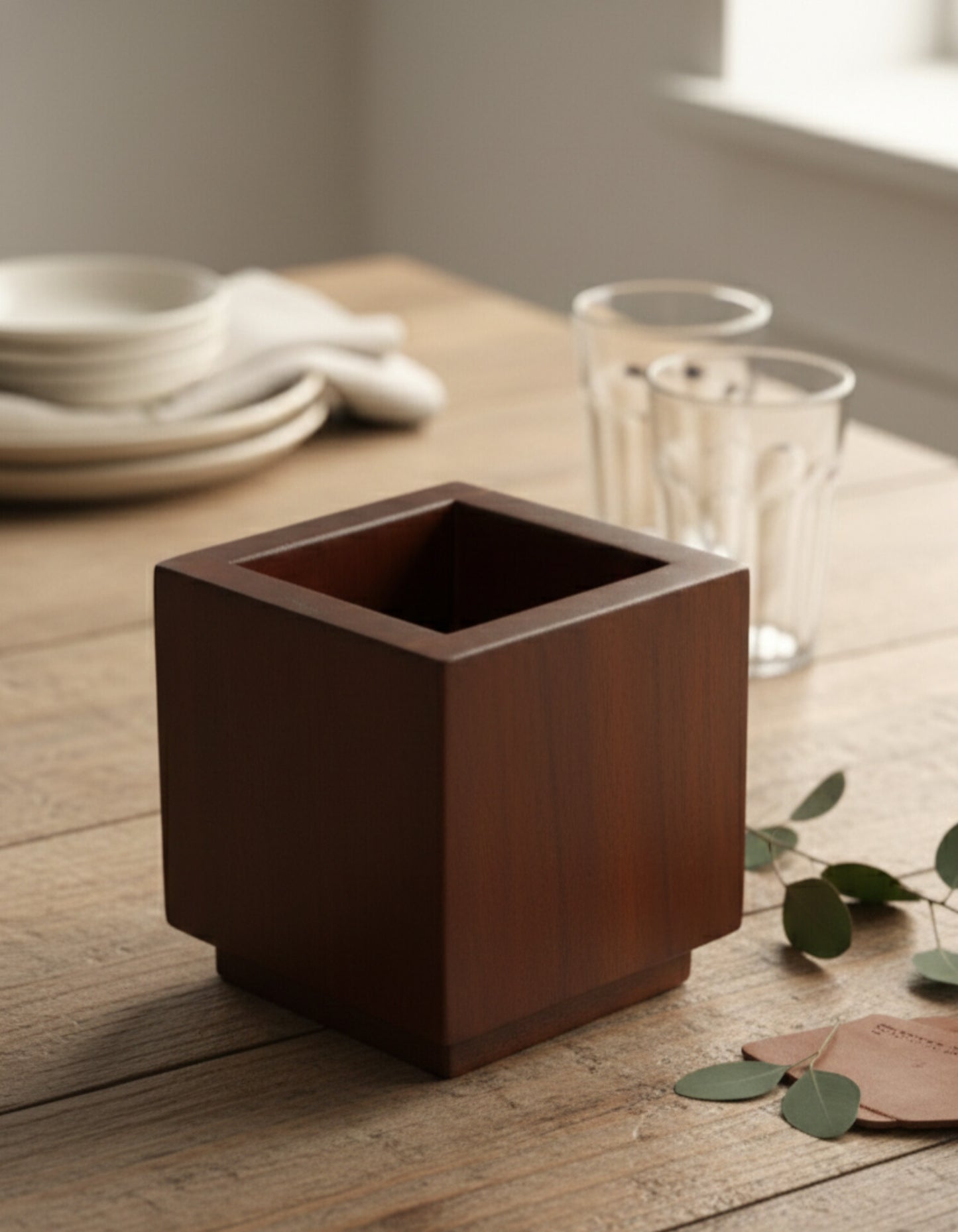 Minimalist Wooden Cube Planter / Holder – Modern Table & Desk Décor