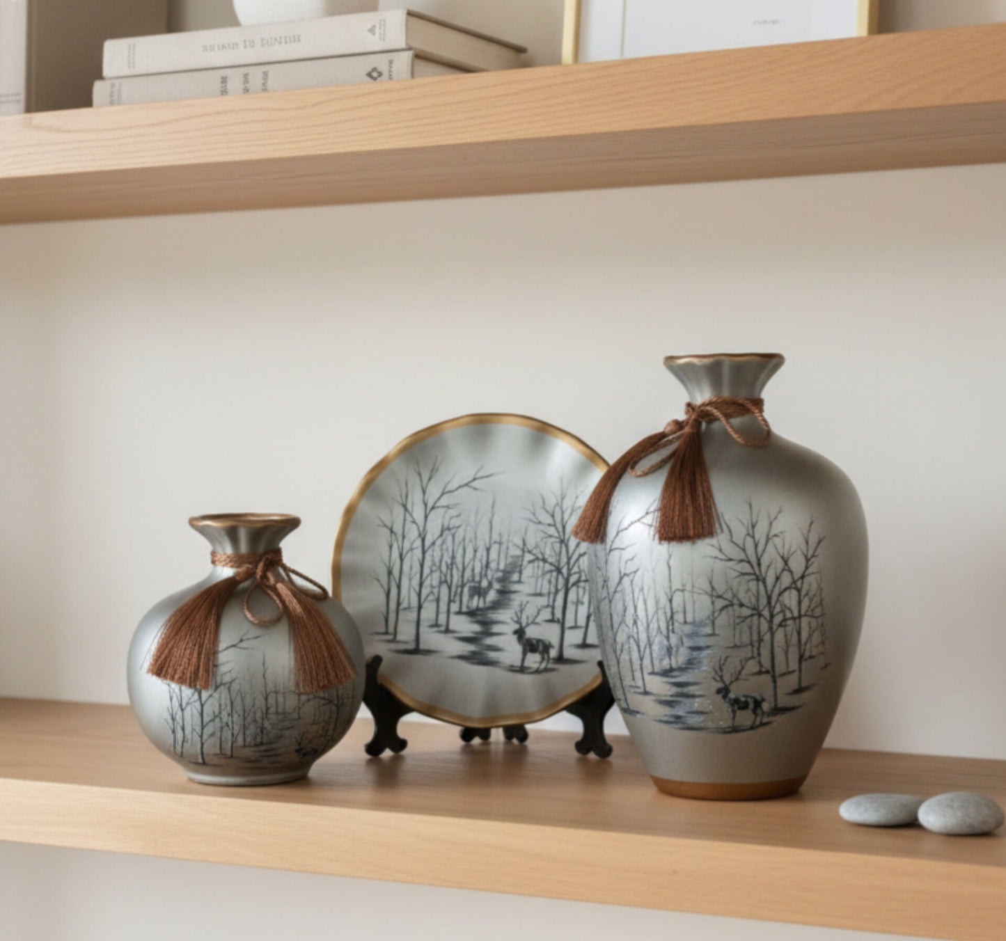 Elegant Ceramic Vase & Decorative Plate Set – Minimalist Nature-Inspired Home Décor