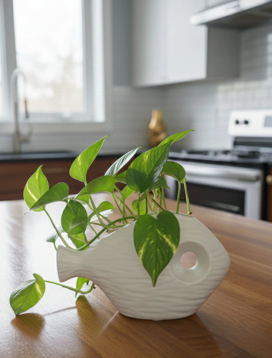 Modern Fish Shape Ceramic Planter – Decorative White Indoor Plant Pot for Table & Kitchen Decor