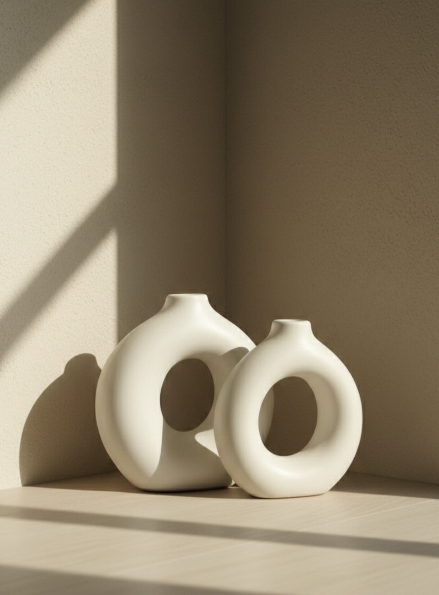 Modern Donut Ceramic Vase Set (Combo of 2) – Minimalist White Decorative Flower Vases for Living Room & Table Decor