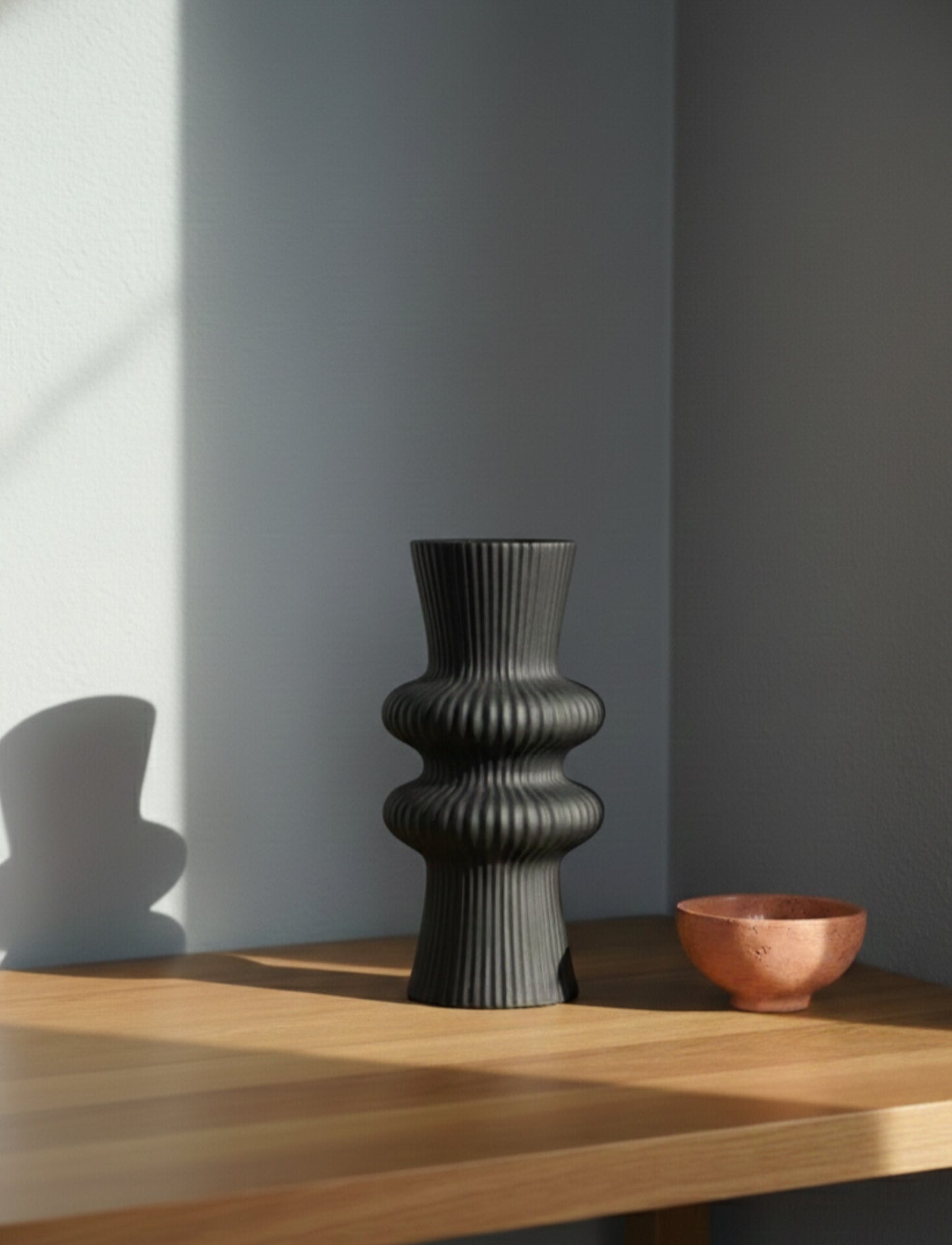 Modern Black Ribbed Ceramic Vase