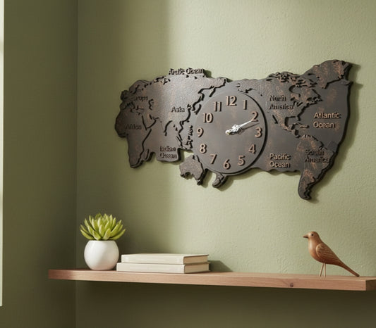 World Map Metal Wall Clock | Vintage Geographic Designer Clock for Living Room & Office Decor