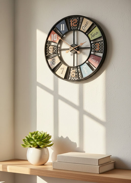 Vintage Multicolor Metal Wall Clock | Designer Decorative Clock for Living Room & Home Decor