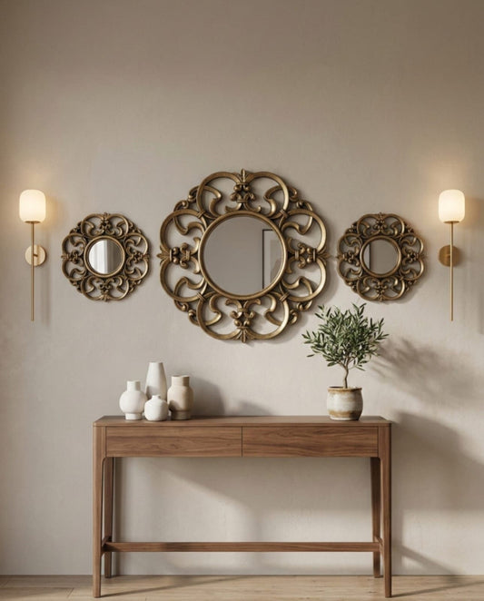 Luxury Antique Gold Round Wall Mirror Set of 3