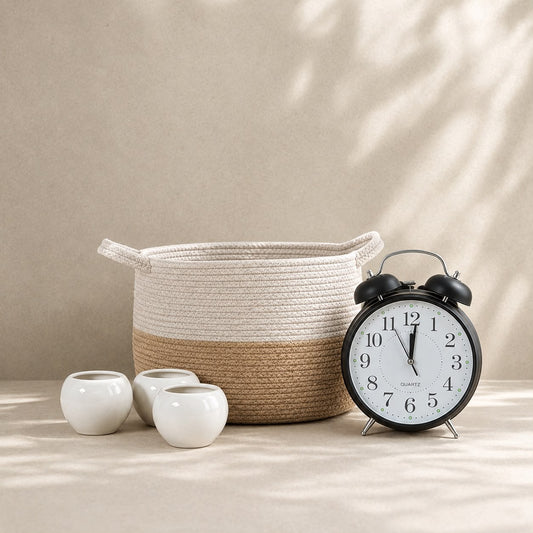 Home Décor Combo Set – Ceramic Vases, Metal Alarm Clock & Woven Storage Basket