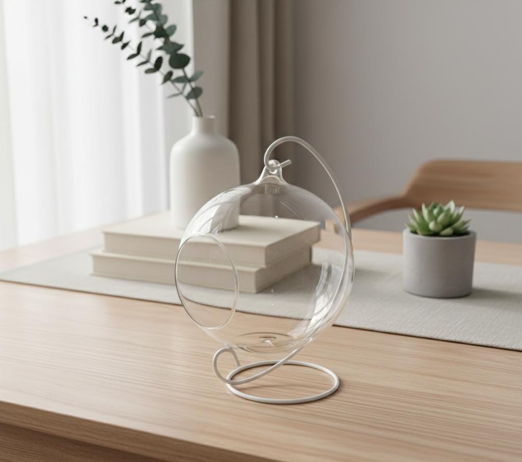 Modern Hanging Glass Terrarium Bowl with Metal Stand (BIG)(Round Shape)– Decorative Tabletop Planter for Succulents & Indoor Plants