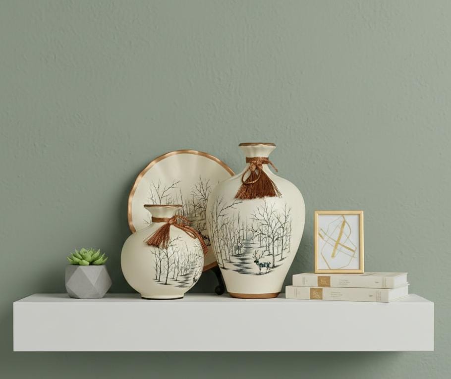 Premium Ceramic Vase & Plate Set – Handcrafted Landscape Design Decorative Home Decor Combo