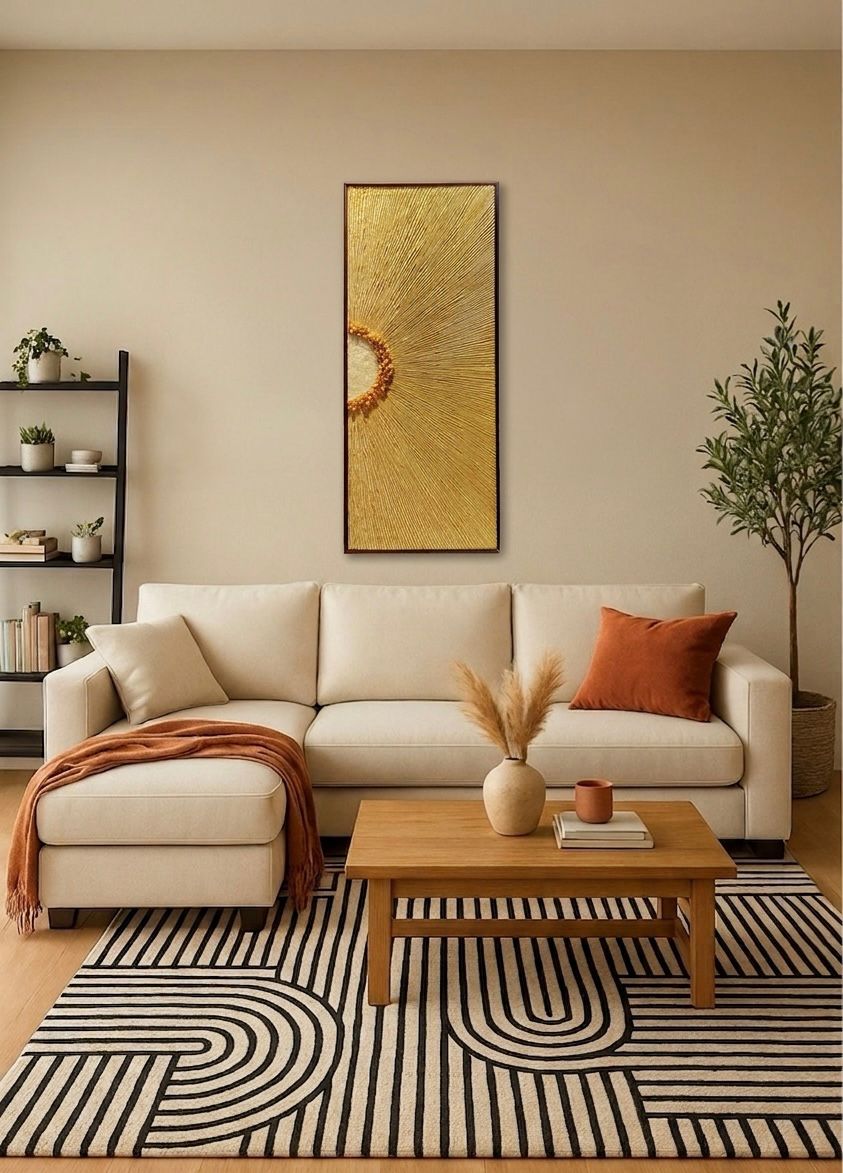 Golden Sunburst Textured Wall Art | Luxury Handmade Modern Canvas Painting