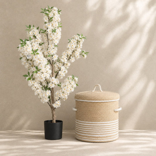 Combo Set of Cotton Rope Basket with Artificial White Blossom Tree