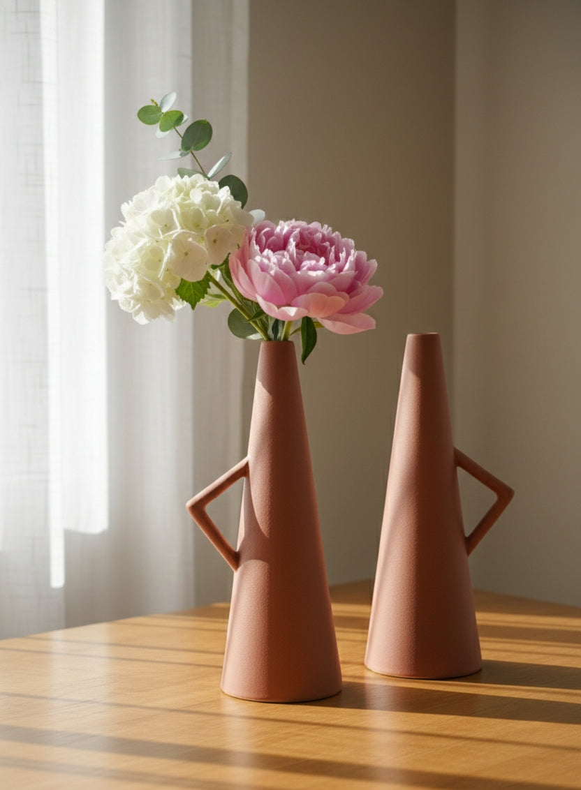 Modern Minimalist Ceramic Vase with Handle | Contemporary Table & Shelf Home Décor
