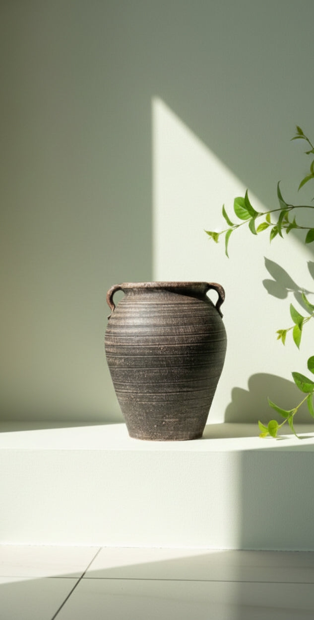 Handcrafted Rustic Ceramic Vase with Handles | Minimalist Home & Living Room Décor Showpiece